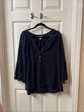 Lilly Pulitzer Navy Three-Button Peasant Top with Bell Sleeves